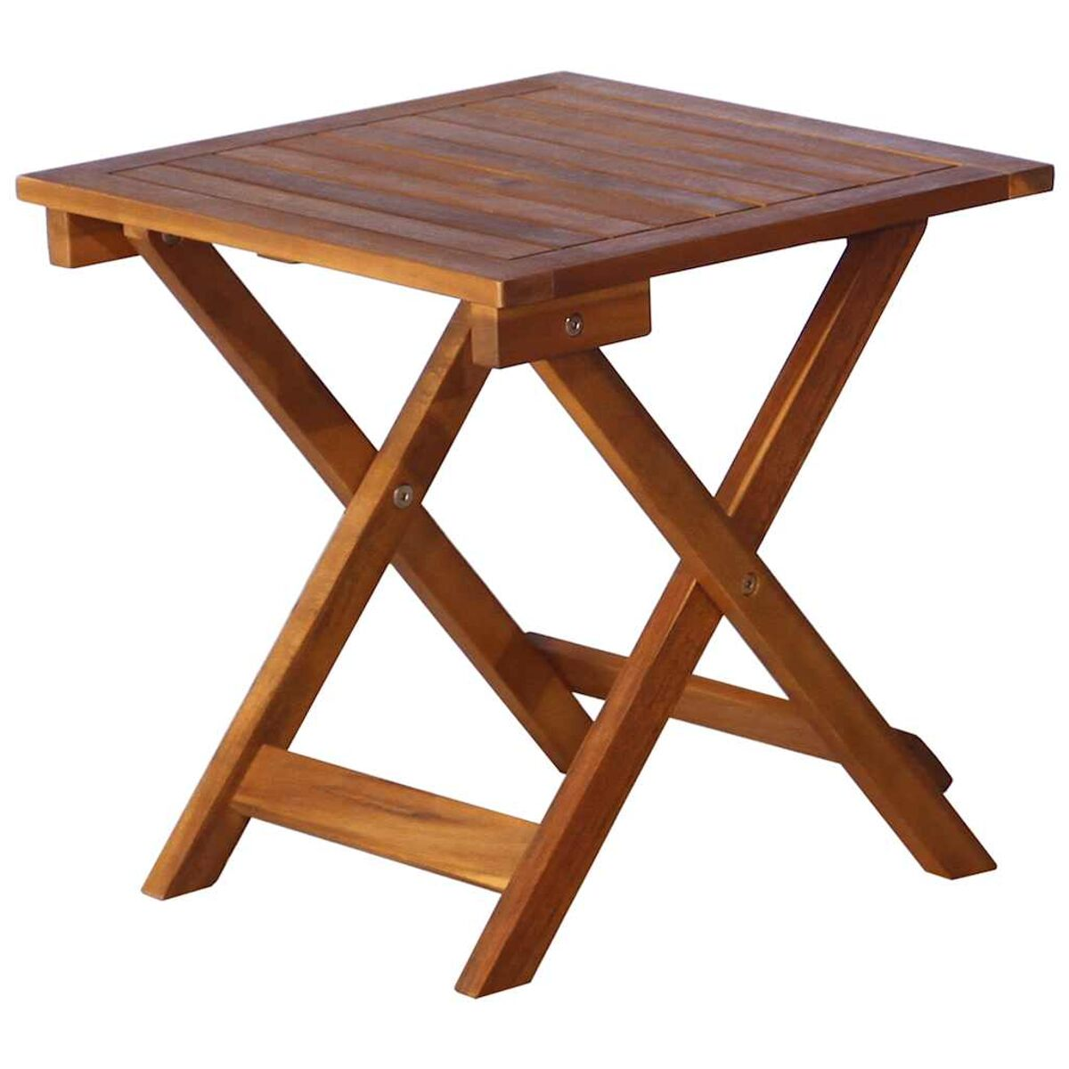 Quadratischer Klapptisch aus Holz. Braune Farbe, kreuzbeiniges Design, isoliert auf weißem Hintergrund.