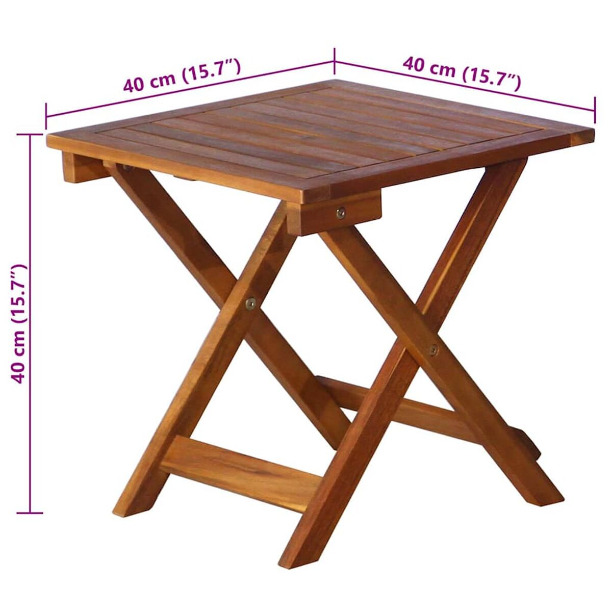 Quadratischer Beistelltisch aus Holz mit Maßen in cm. Weißer Hintergrund.