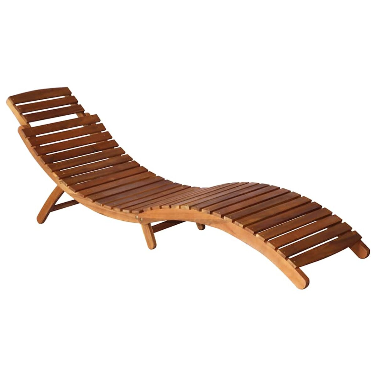 Eine hölzerne Chaiselongue mit geschwungenem Design, mit mehreren Holzlatten.