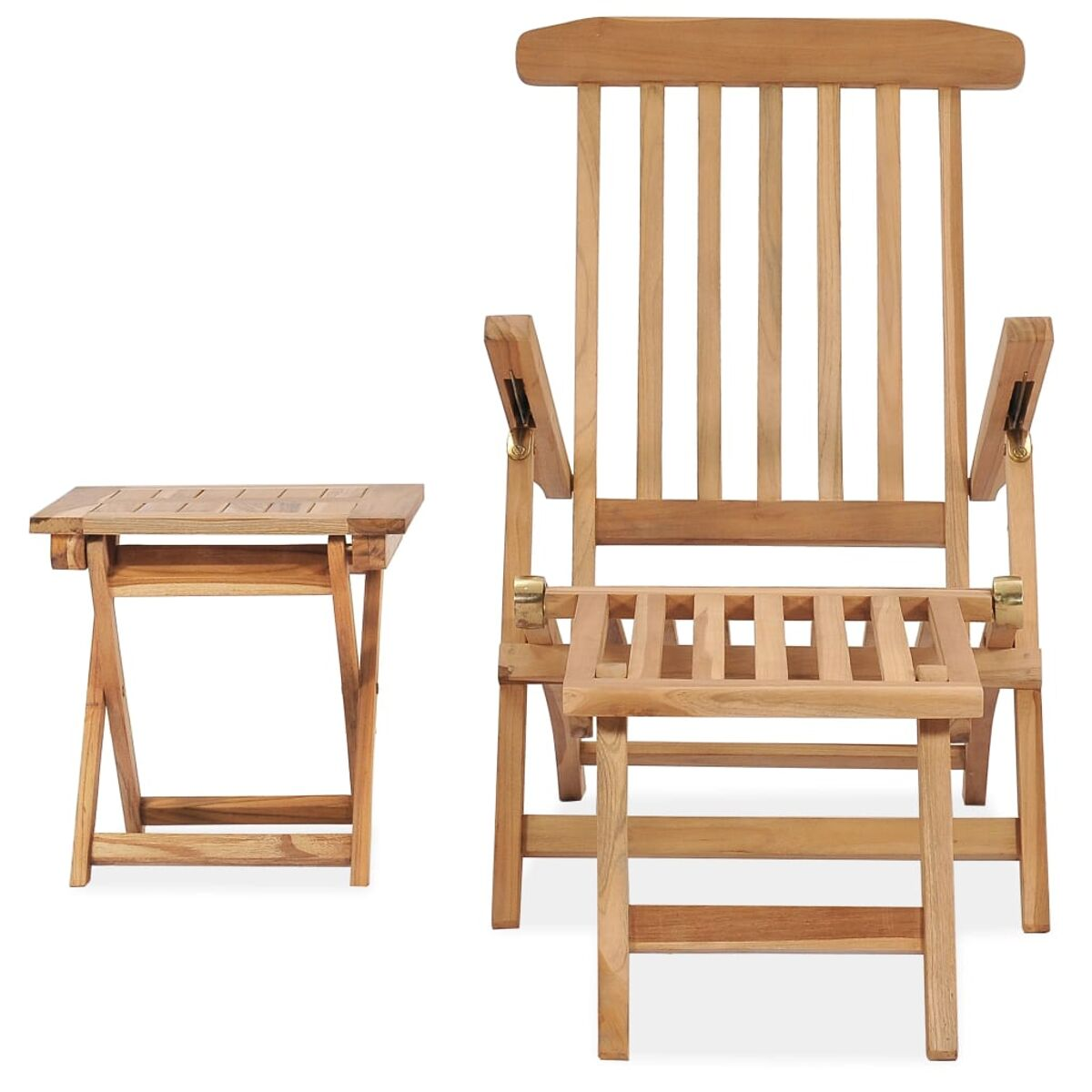 Holzstuhl und passender Klapptisch auf weißem Hintergrund.