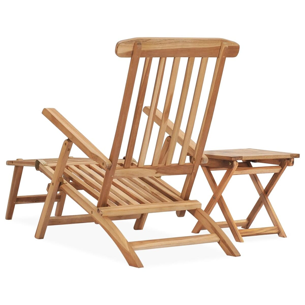 Ein Holz-Liegestuhl und ein kleiner Tisch. Beide sind aus Holz mit natürlicher Oberfläche.