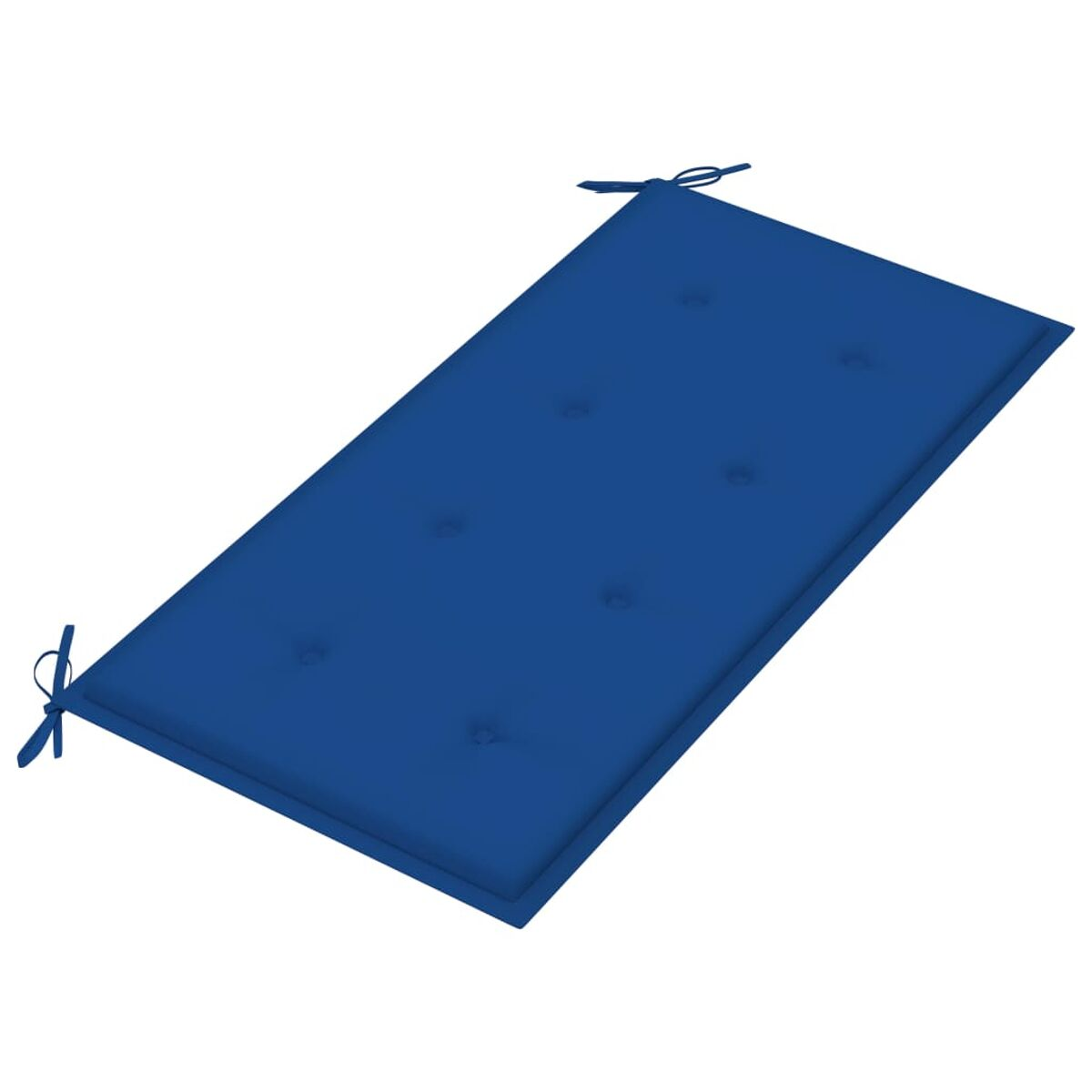 Blaues Kissen mit Knopfdetails auf weißem Hintergrund. Es ist rechteckig.
