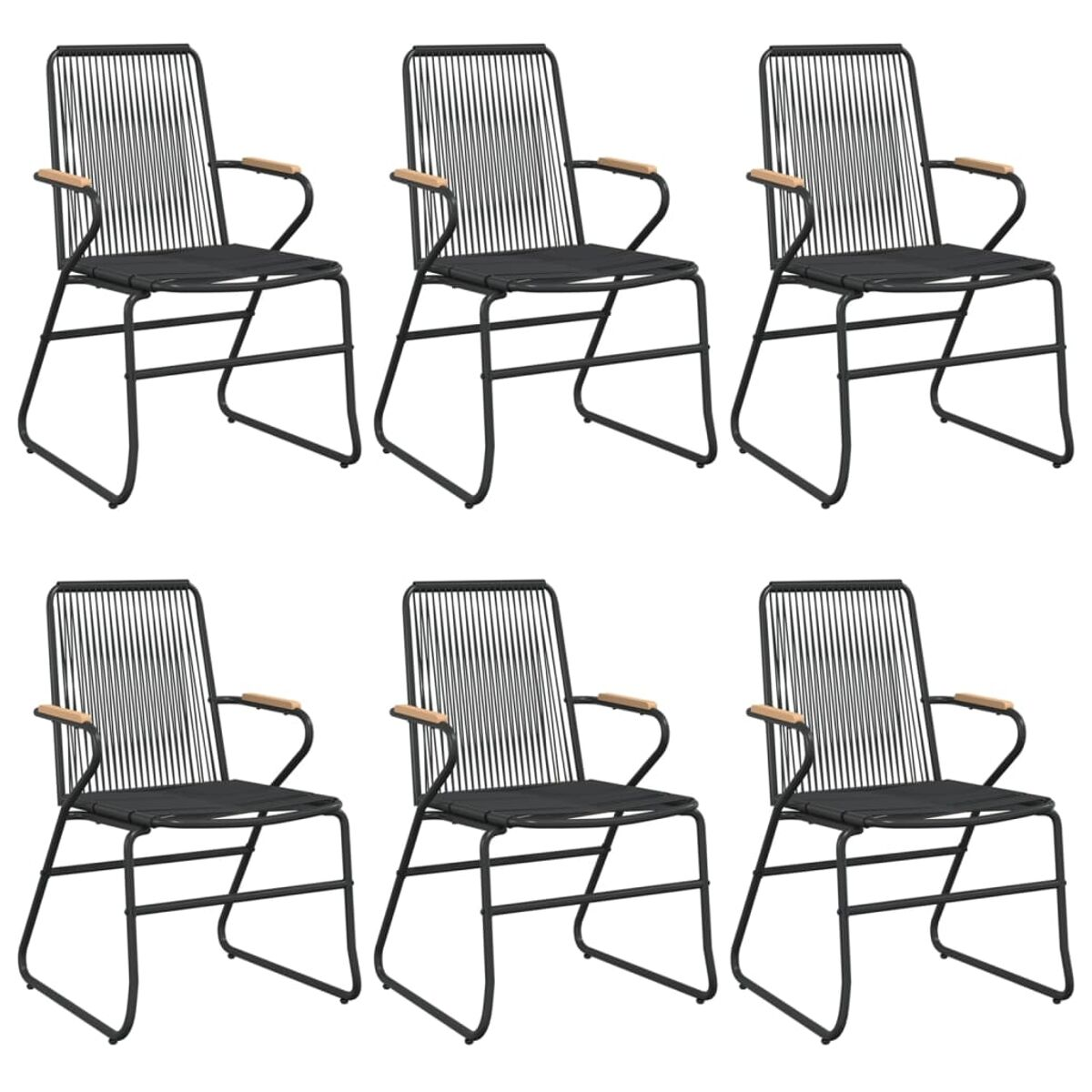 Sechs schwarze Stühle mit Holzarmlehnen.
