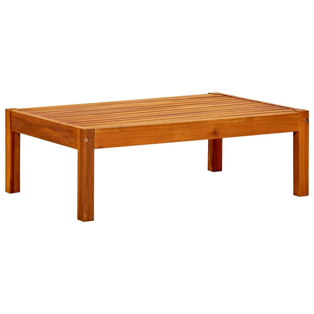 Rechteckiger Couchtisch aus Holz mit Beinen, von der Seite gesehen, mit Lamellenplatte.