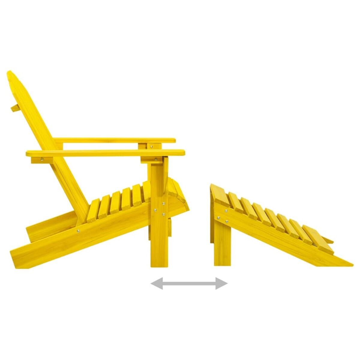 Gelber Adirondack-Stuhl und Fußstütze. Lamellendesign mit Zwischenraum.