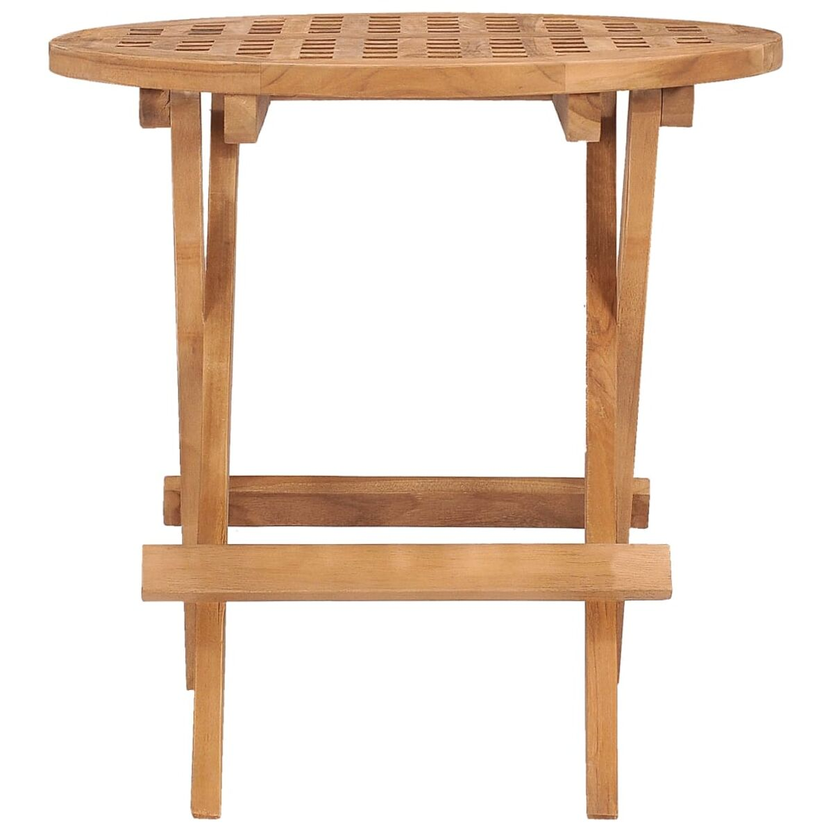 Runder Holztisch mit karierter Oberfläche. Weißer Hintergrund.