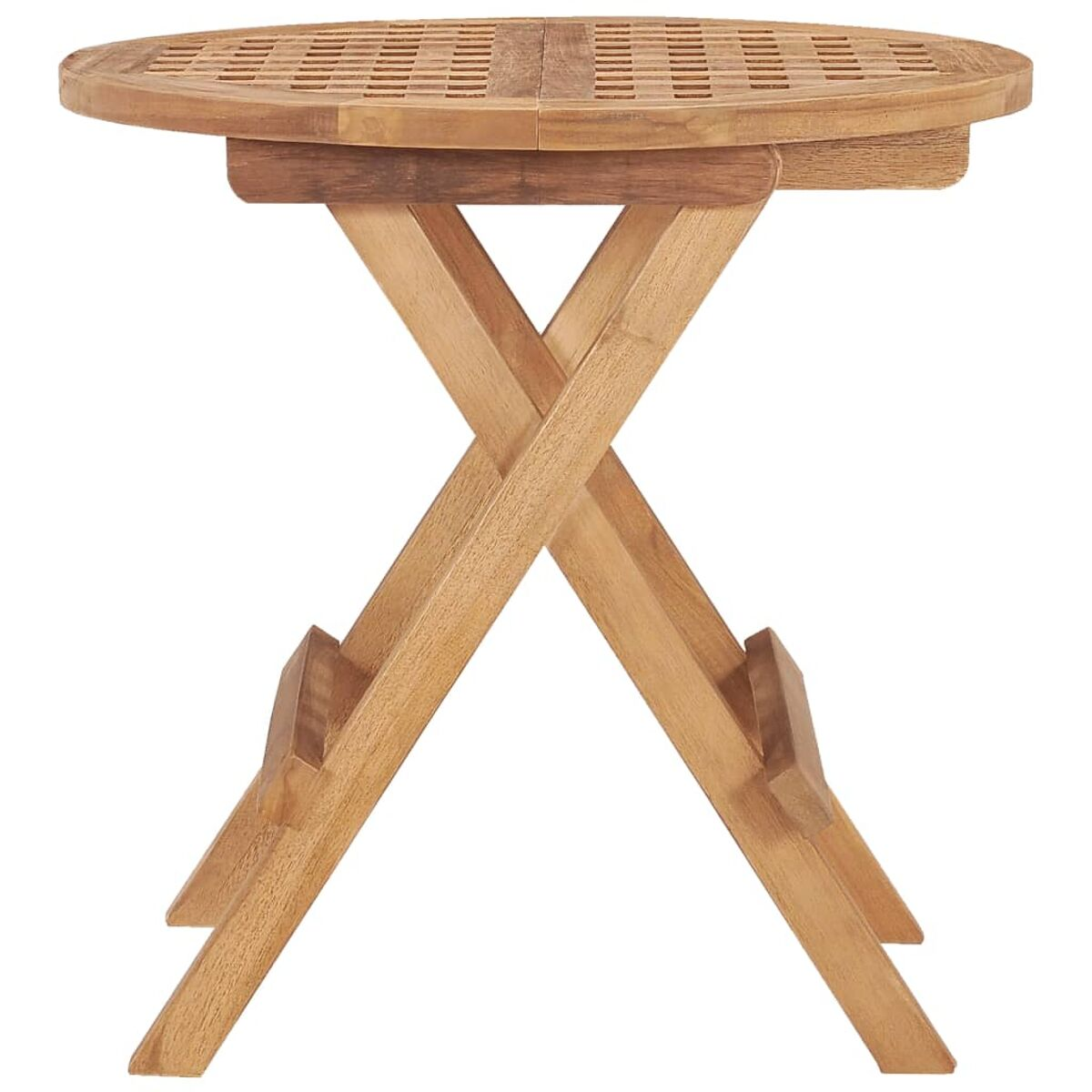 Runder, klappbarer Holztisch. X-förmige Beine, Lattenoberfläche.