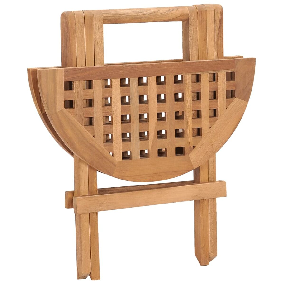 Ein zusammengeklappter Holztisch mit Griff.