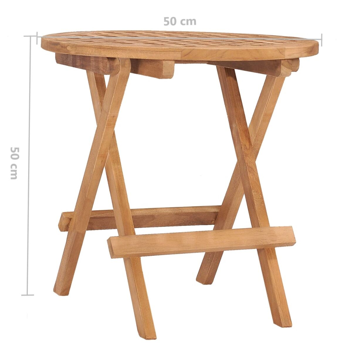 Klapptisch aus Holz mit runder Platte. Er ist braun und hat ein X-förmiges Beingestell.