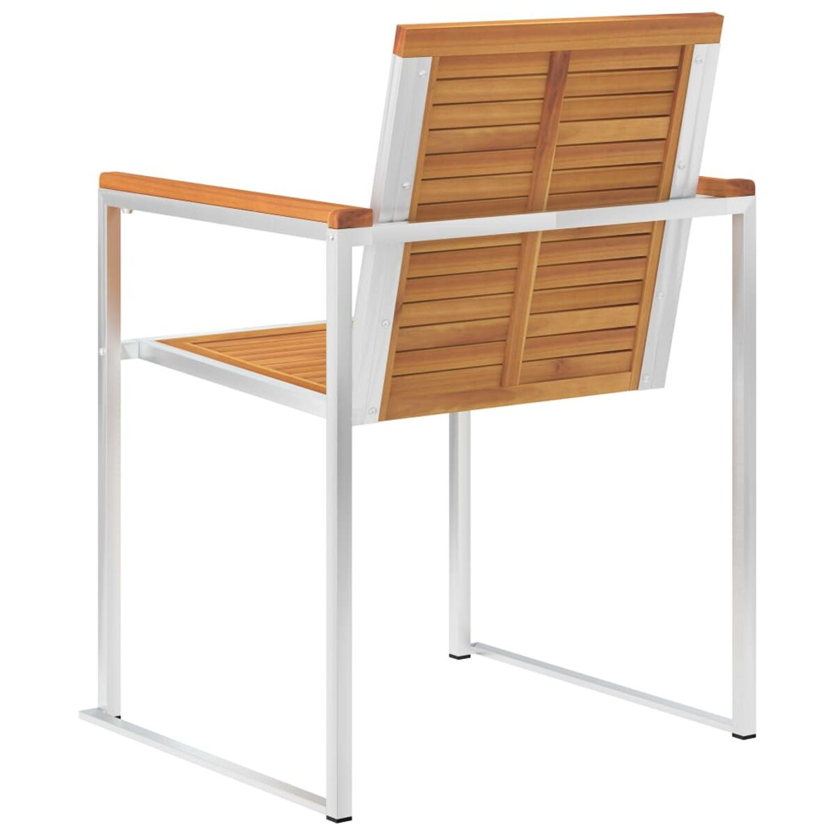 Rückansicht eines modernen Stuhls. Weißer Rahmen, Rückenlehne und Sitzfläche aus Holz.