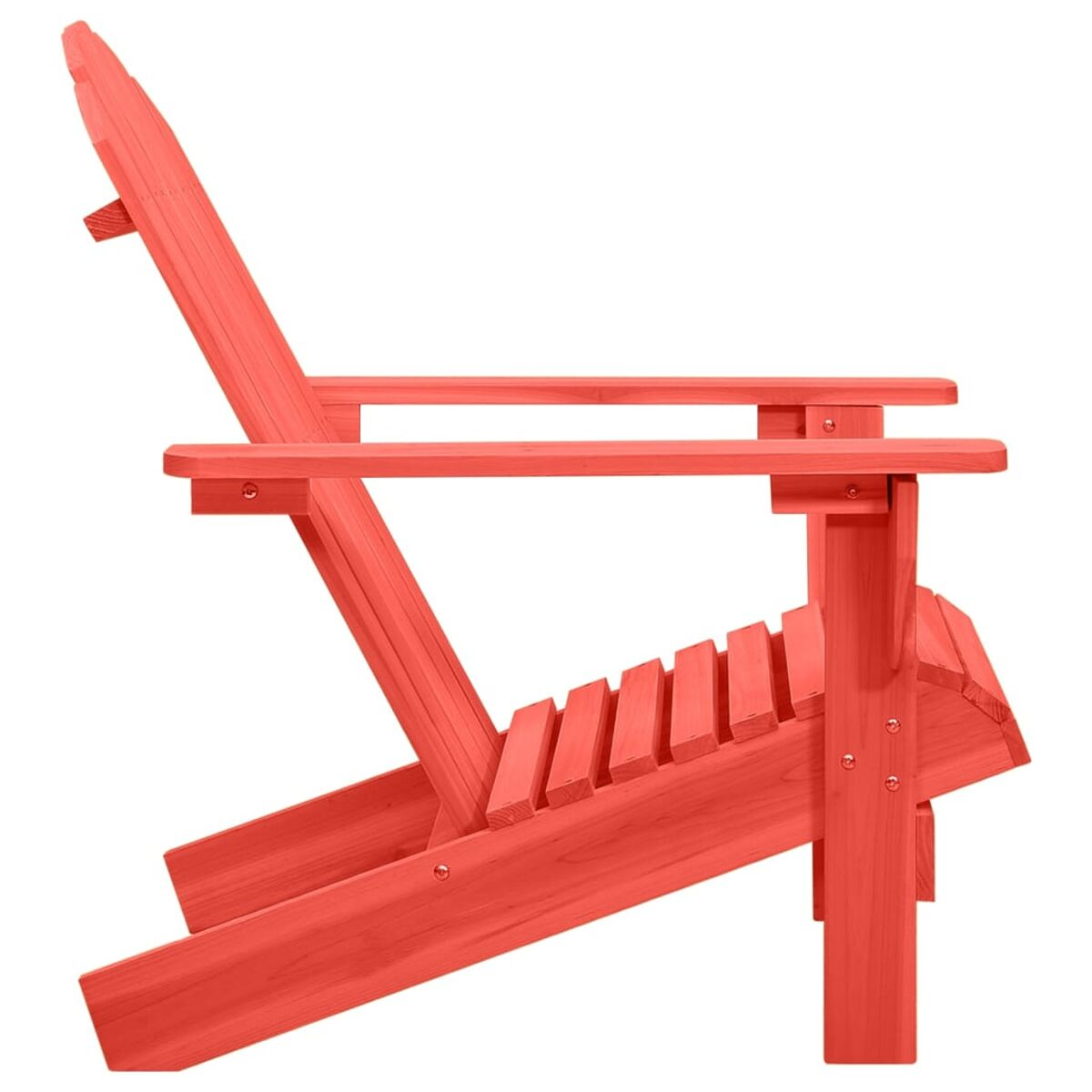 Rotes Adirondack-Stuhlprofil, Holzkonstruktion, Seitenansicht.