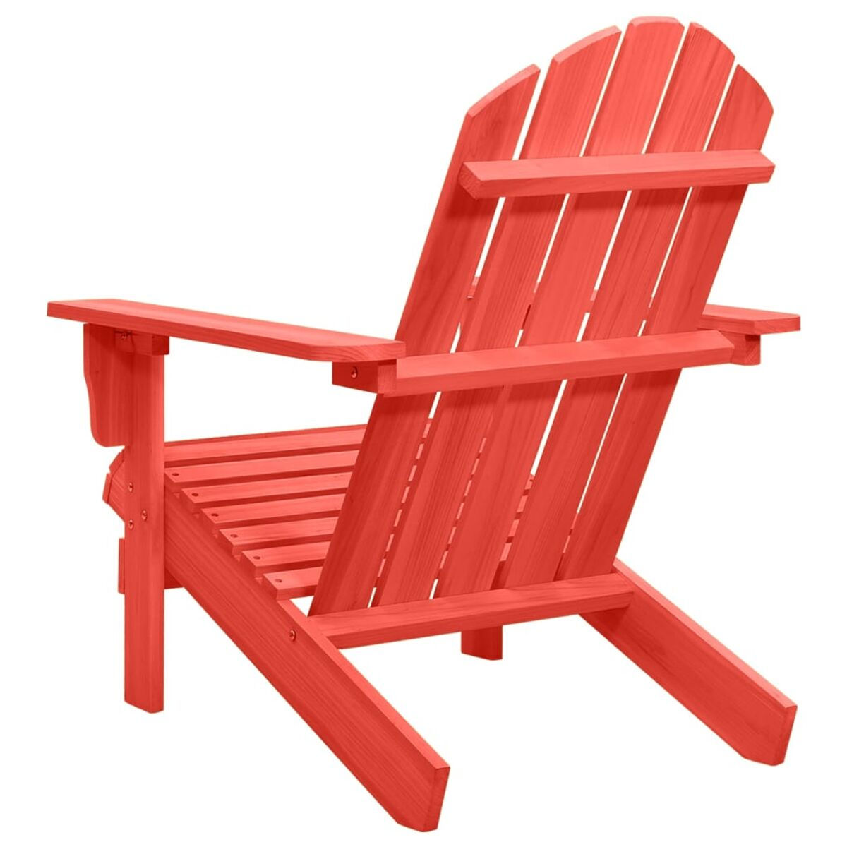 Roter Holz-Adirondack-Stuhl, Rückansicht. Lattenrücken und -sitz, Armlehnen.