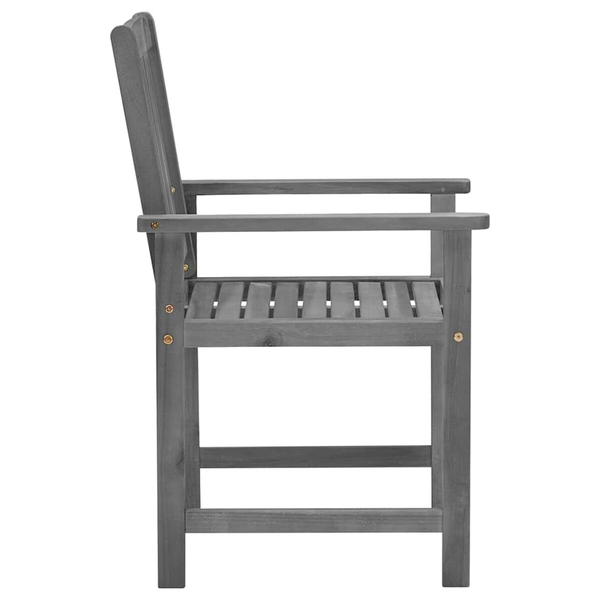 Seitenansicht eines grauen Holzstuhls mit Armlehnen. Der Stuhl hat eine Sitzfläche mit Lamellen.