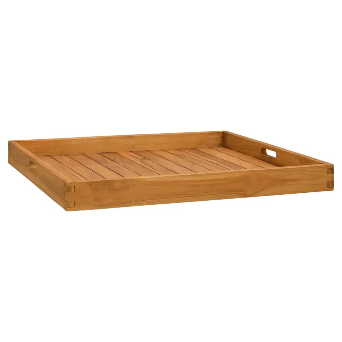 Rechteckiges Tablett aus Holz mit Griffaussparungen an jeder Seite.