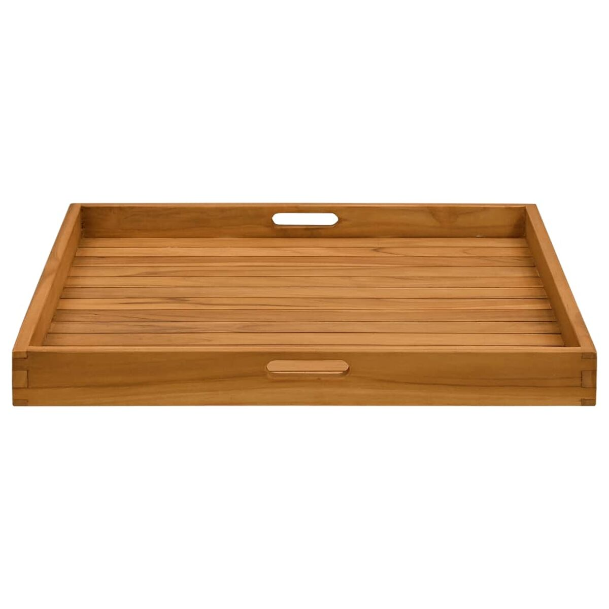 Serviertablett aus Holz mit Griffen. Rechteckige Form. Aus hellem Holz, Lattenboden.