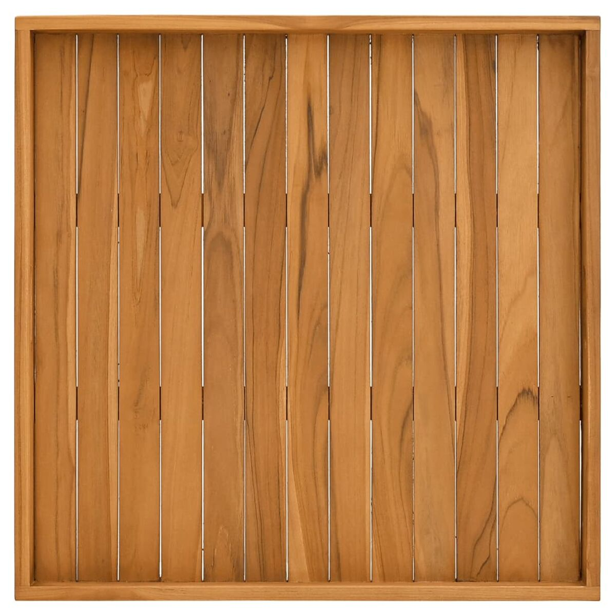 Ein quadratischer Holztisch mit vertikalen Holzlatten, von oben gesehen, auf Weiß.