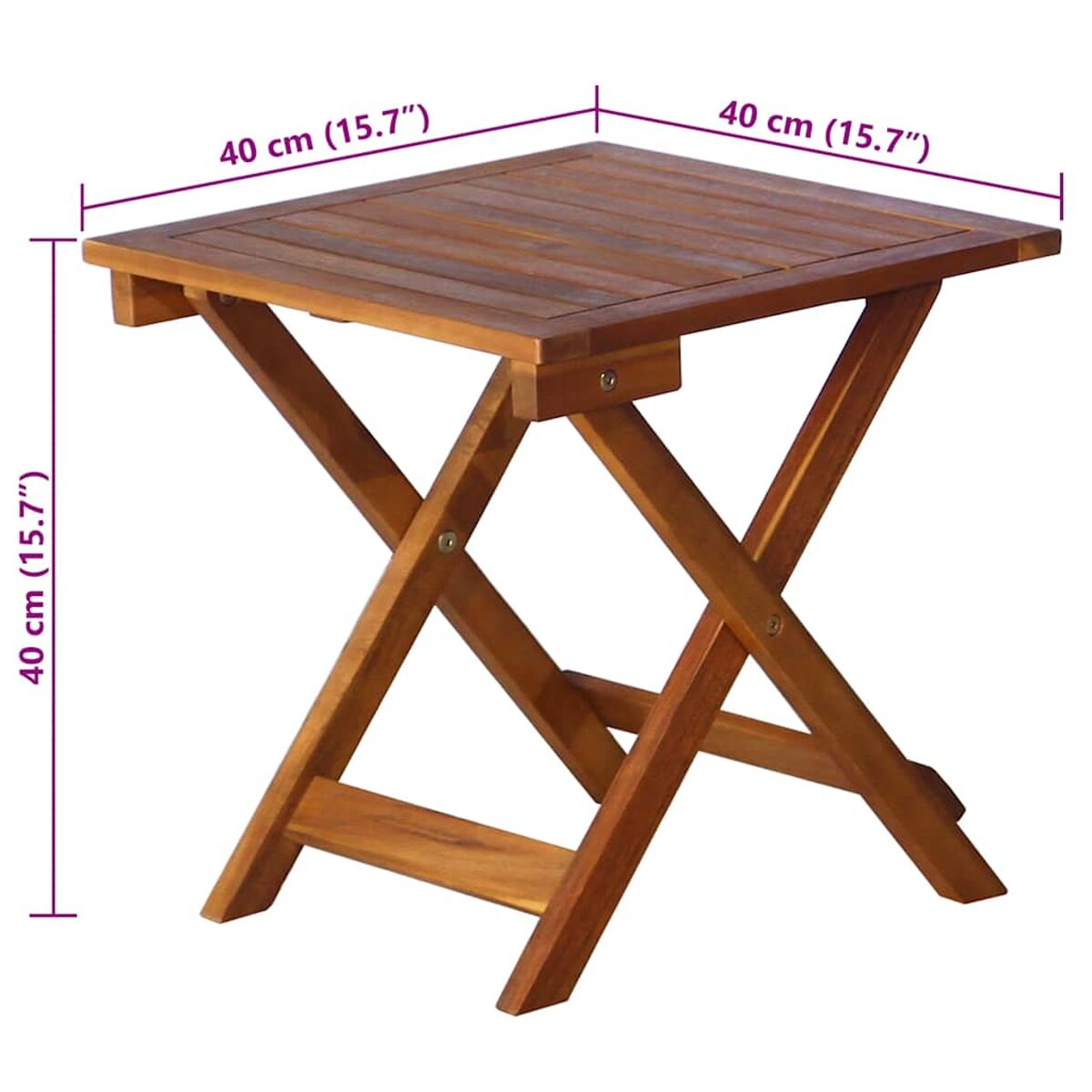 Klappbarer Beistelltisch aus Holz. Braunes Holz mit quadratischer Platte und Kreuzbeinen. Maße sind angegeben.