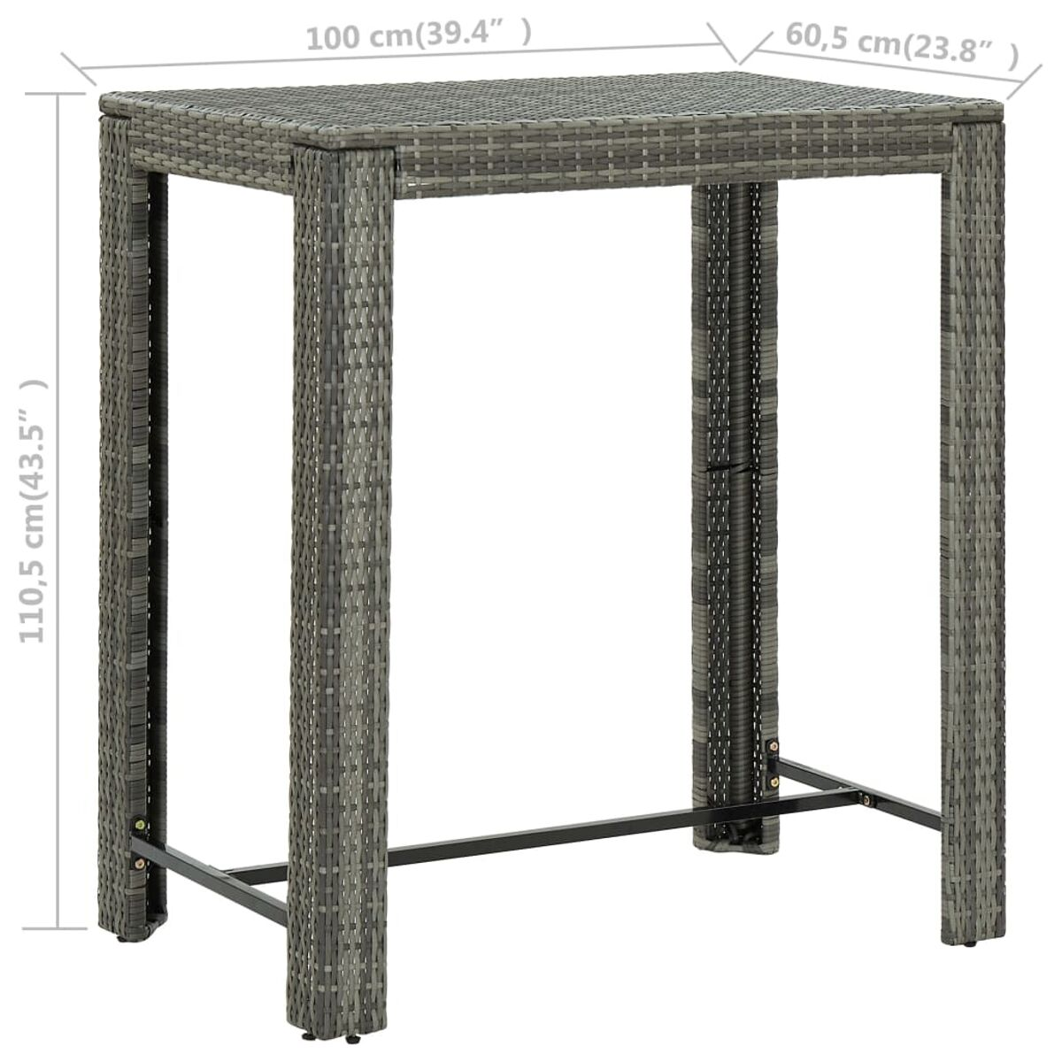 Grauer Rattan-Bartisch mit den Maßen: 110,5 cm hoch, 100 cm breit, 60,5 cm tief.