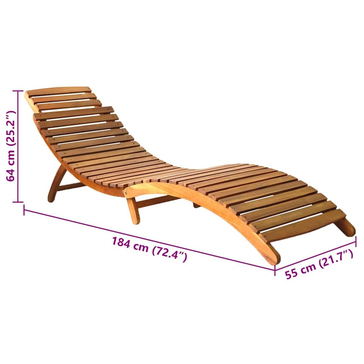 Eine Holz-Chaiselongue mit Abmessungen, auf weißem Hintergrund.