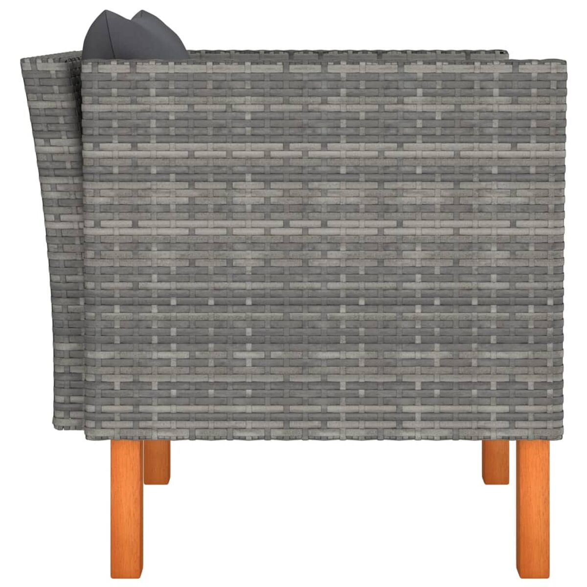 Seitenansicht eines grauen Websofas mit Holzbeinen und einem grauen Kissen.