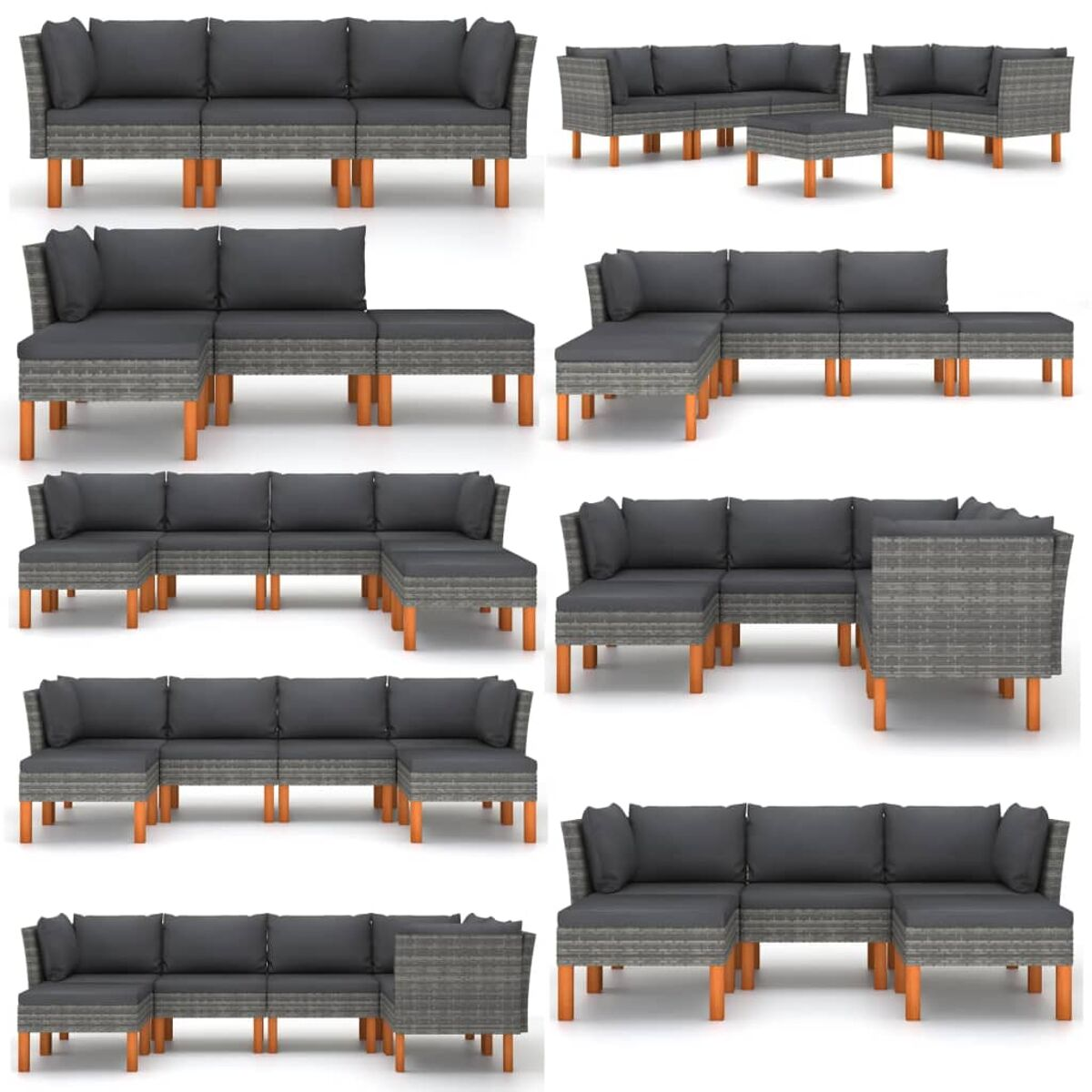Mehrere graue Rattan-Sofas in verschiedenen Konfigurationen. Hellbraune Beine. Weißer Hintergrund.