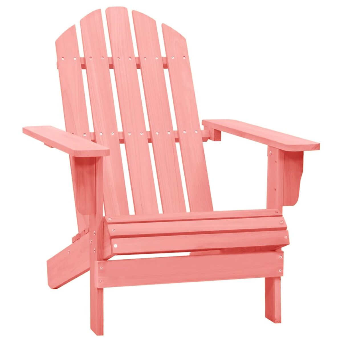 Rosa Adirondack-Stuhl. Der Stuhl ist aus Holz und hat eine schräge Rückenlehne und Armlehnen.
