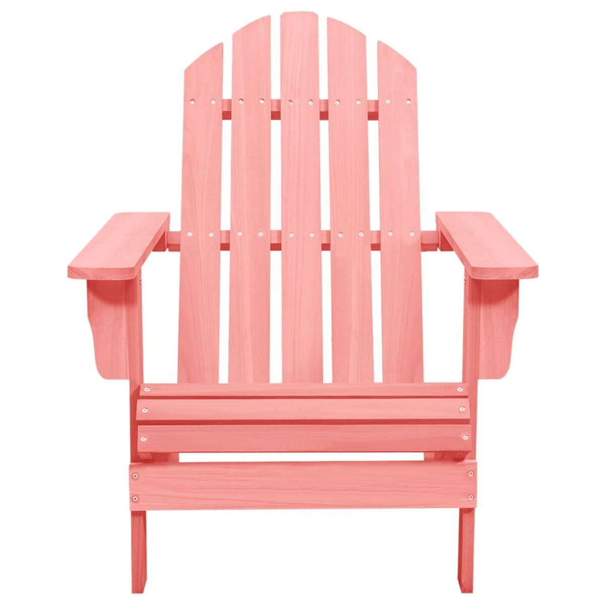 Pinkfarbener Adirondack-Stuhl aus Holz mit Armlehnen und Lattenrücken und -sitz.