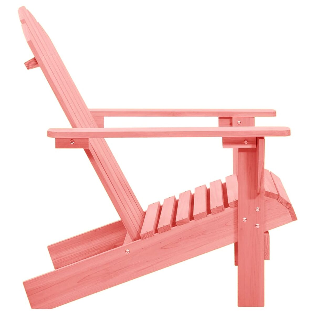 Seitenansicht eines rosa Adirondack-Stuhls mit passendem kleinem Beistelltisch.