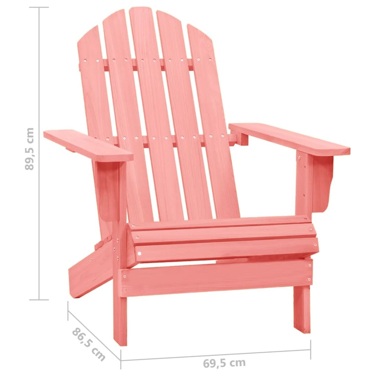 Rosa Adirondack-Stuhl aus Holz. Abmessungen sind angegeben.
