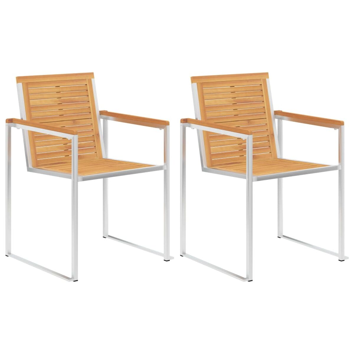 Zwei Stühle mit Holzlatten, Metallrahmen.