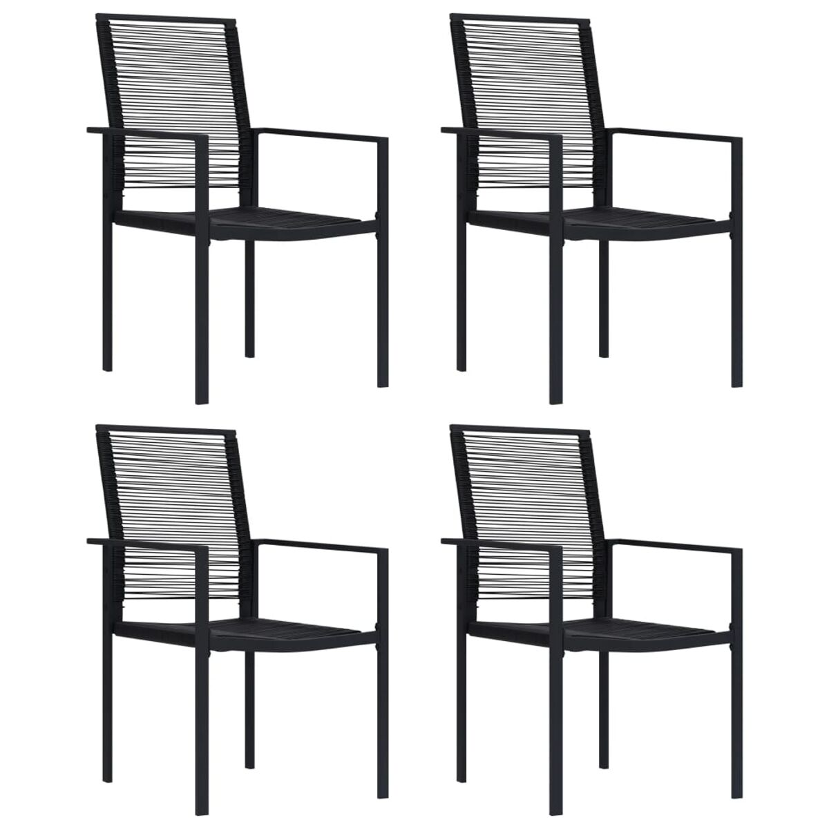 Vier schwarze Stühle mit Metallrahmen und seilartiger Sitzfläche und Rückenlehne.