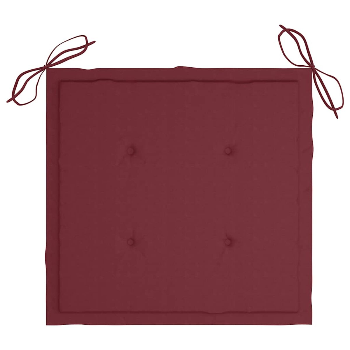 Quadratisches Kissen, tiefrote Farbe mit vier Knöpfen. Bänder an jeder Ecke.
