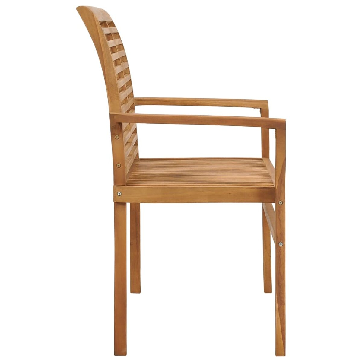 Holzstuhl. Der Stuhl hat eine Lamellenlehne und Armlehnen.