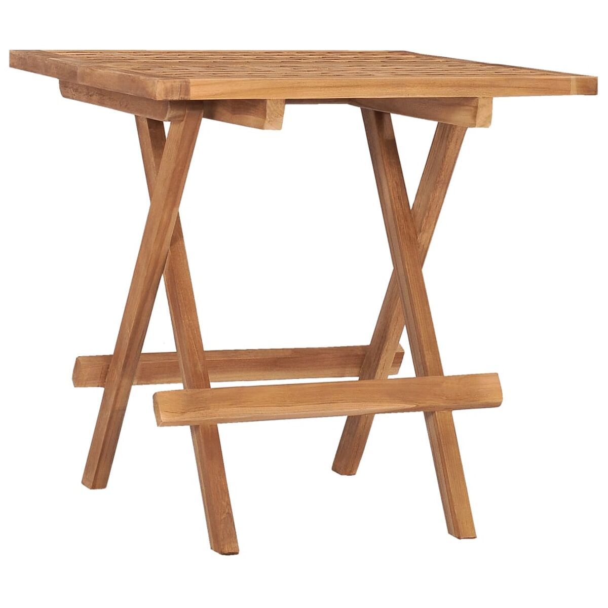 Klapptisch aus Holz. Der Tisch ist braun und hat eine quadratische Platte und gekreuzte Beine.