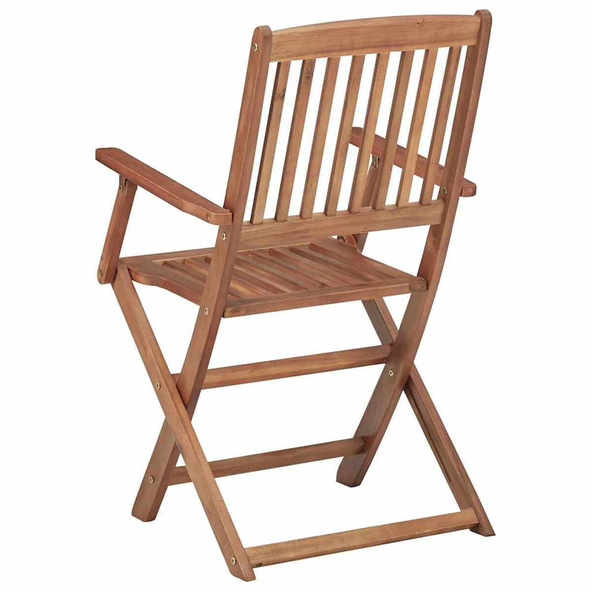 Ein hölzerner Klappstuhl von hinten gesehen, der die Latten und die Holzmaserung zeigt.