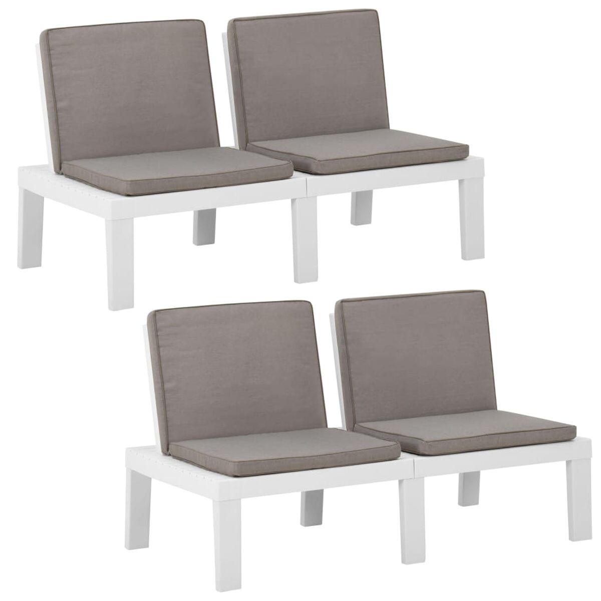 Vier weiße Bänke mit grauen Kissen. Die Bänke sind identisch und haben ein minimalistisches Design.