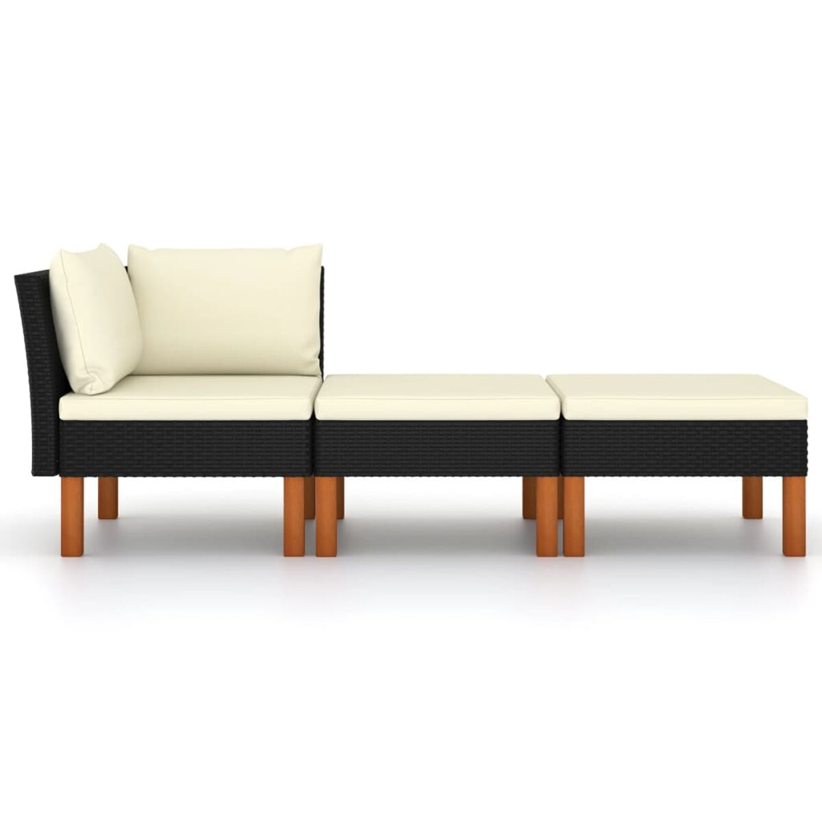 Schwarzes und beiges Wicker-Ecksofa auf weißem Hintergrund.
