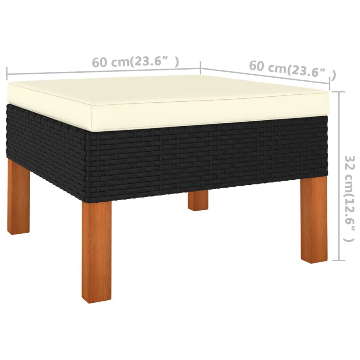 Geflochtener Hocker mit cremefarbenem Kissen, schwarzen gewebten Seiten und Holzbeinen.