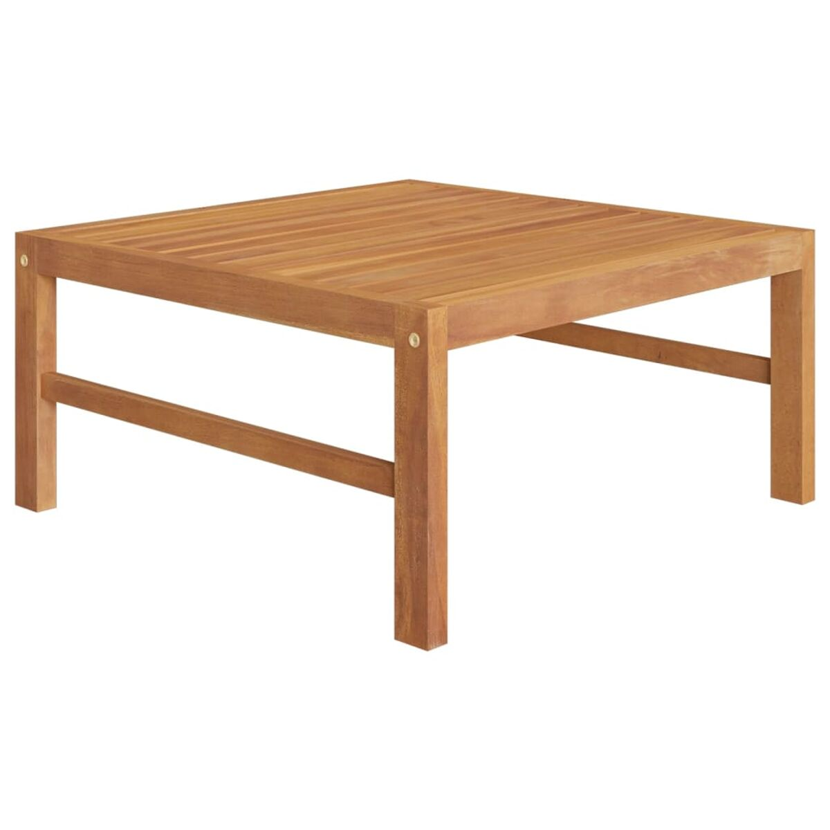 Quadratischer Couchtisch aus Holz, Seitenansicht. Braunes Holz. Isoliert auf weißem Hintergrund.