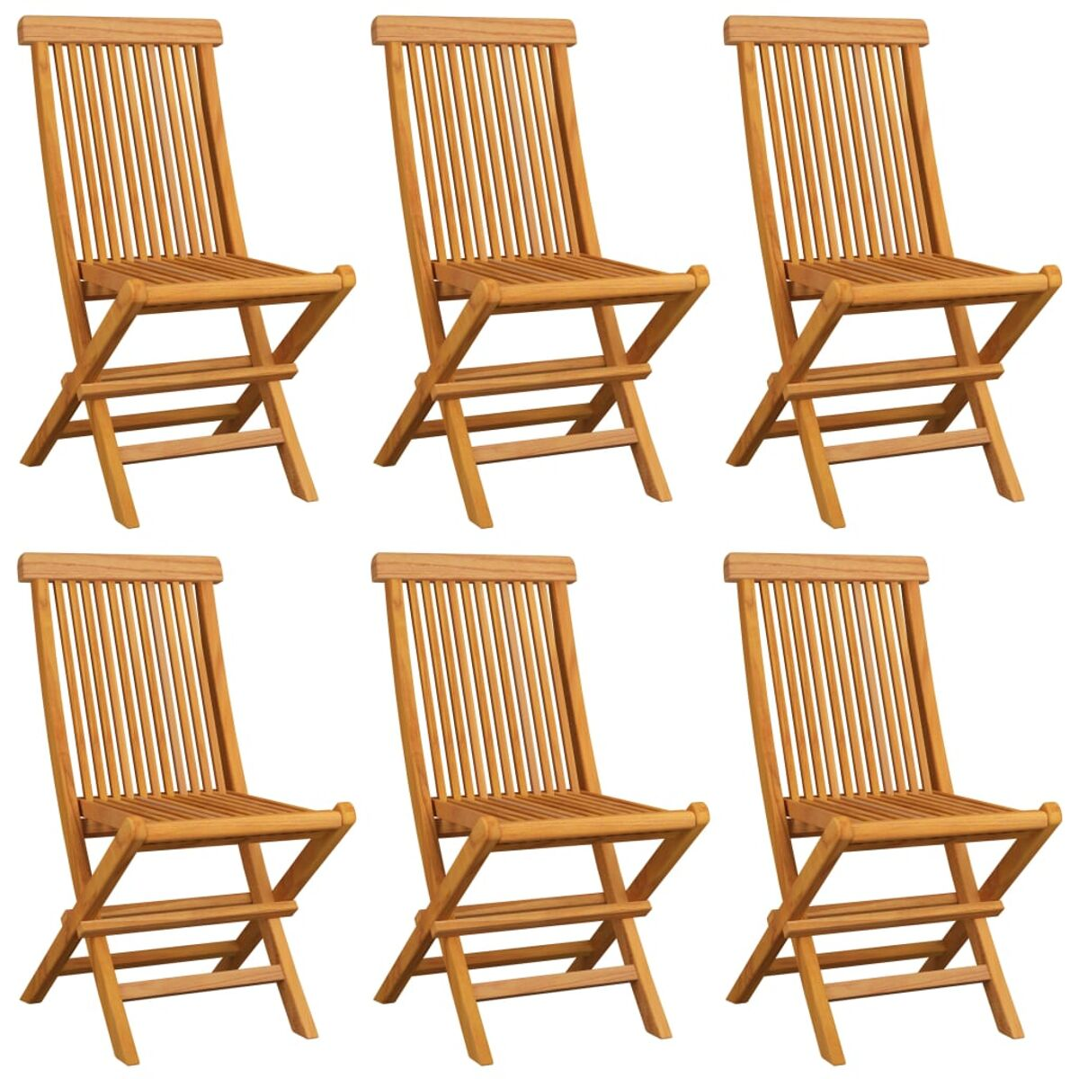 Sechs Holz-Klappstühle mit Lattenrücken und -sitzen. Braune Farbe.