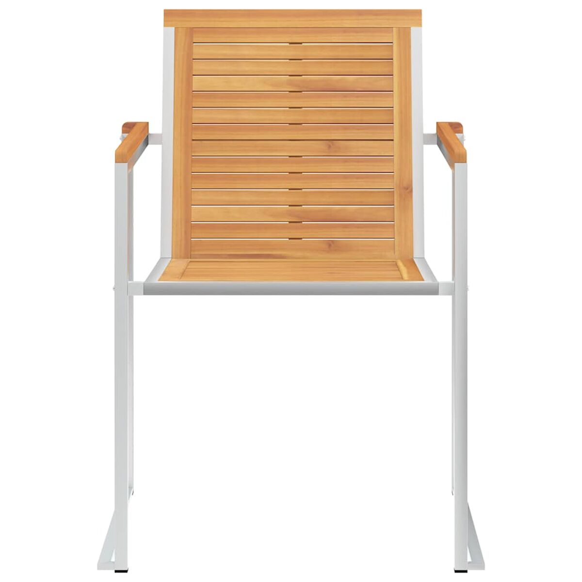 Ein Holzstuhl mit Lattenrücken, weißem Metallrahmen und Armlehnen.