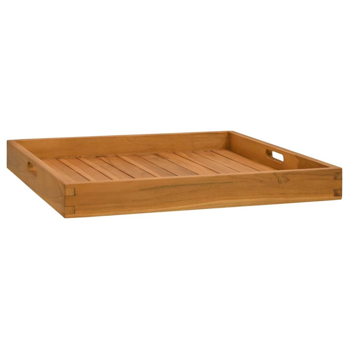 Holztablett mit Griffen und Lamellen. Es ist rechteckig.