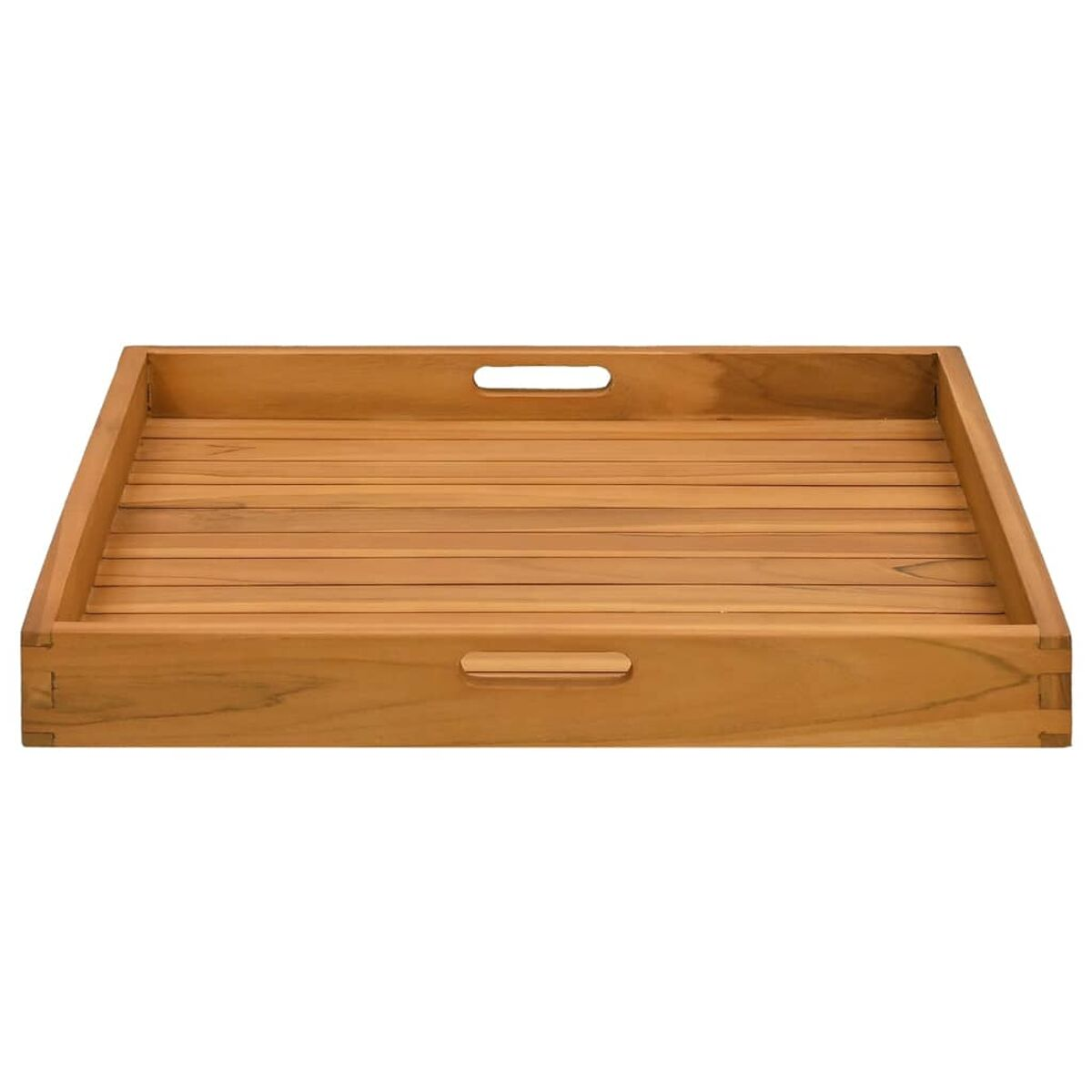Rechteckige Holzschale mit zwei Griffen. Es hat einen Lattenrost.