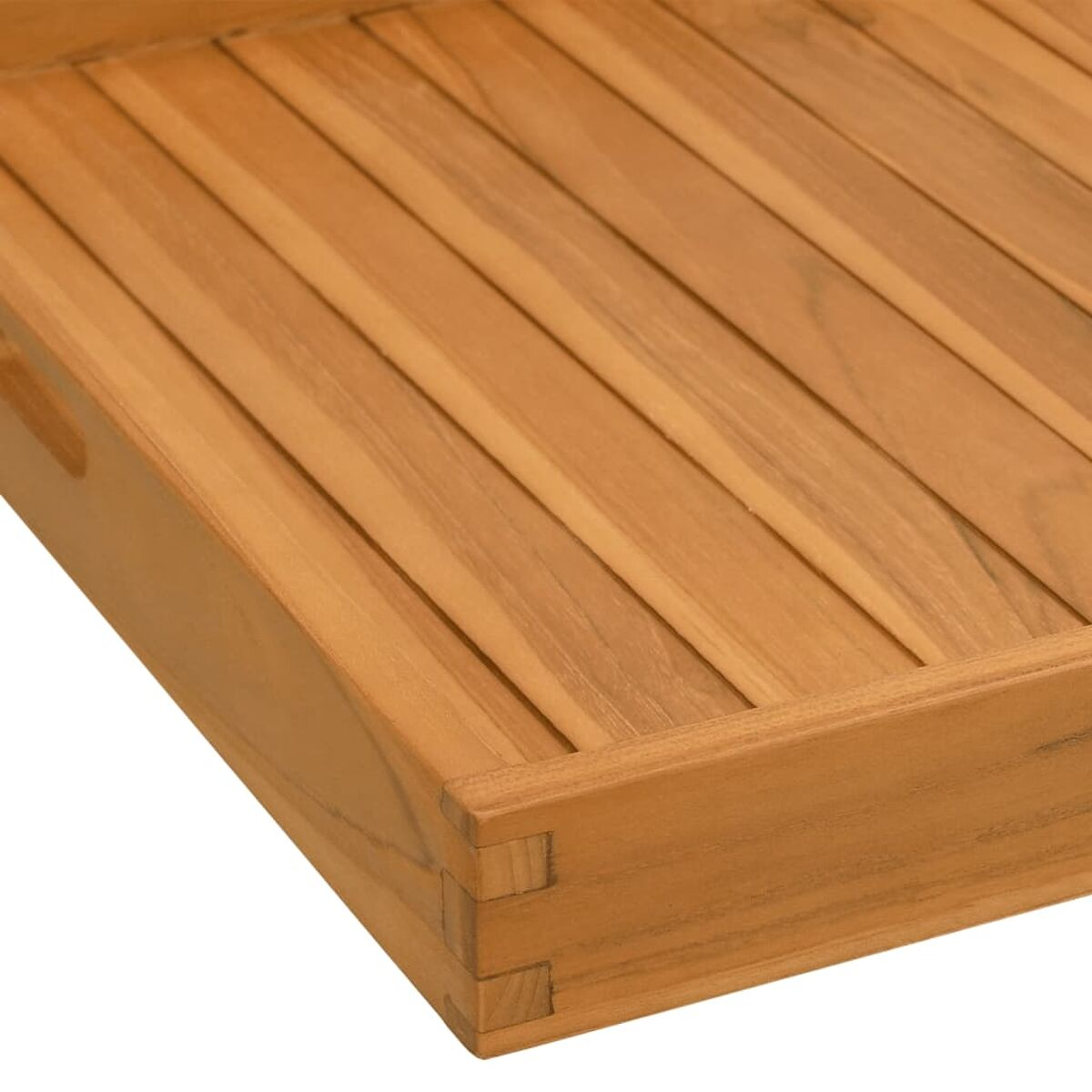 Holztisch-Detail. Der Tisch ist braun. Nahaufnahme des Holzes. Verbindungen sind sichtbar.