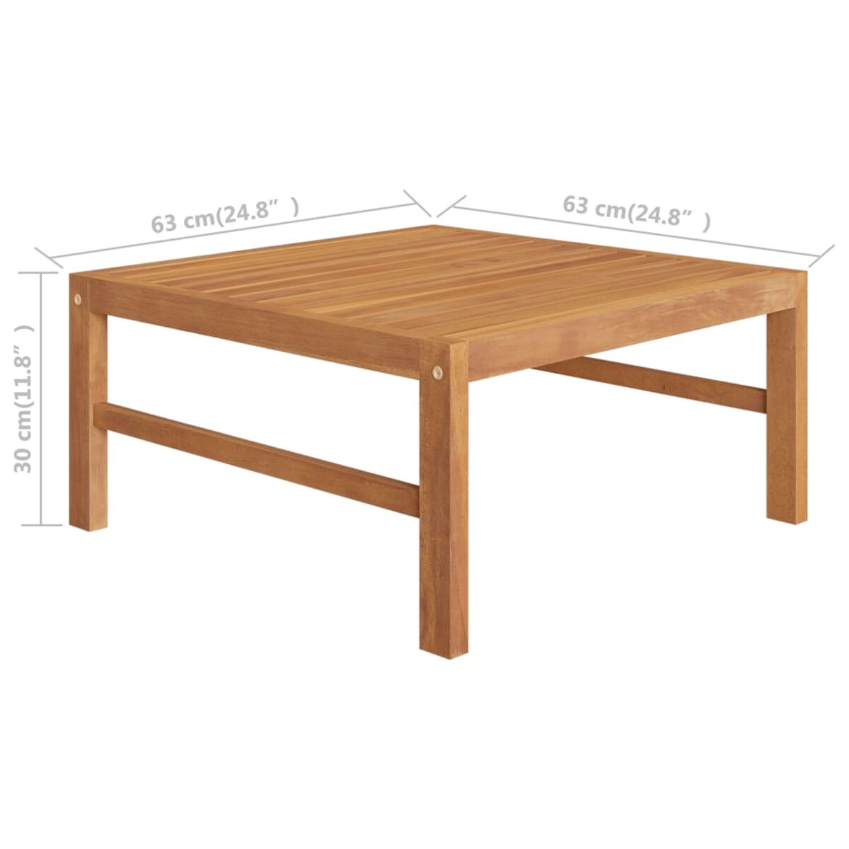 Ein quadratischer Couchtisch aus Holz mit Abmessungen, auf weißem Hintergrund.