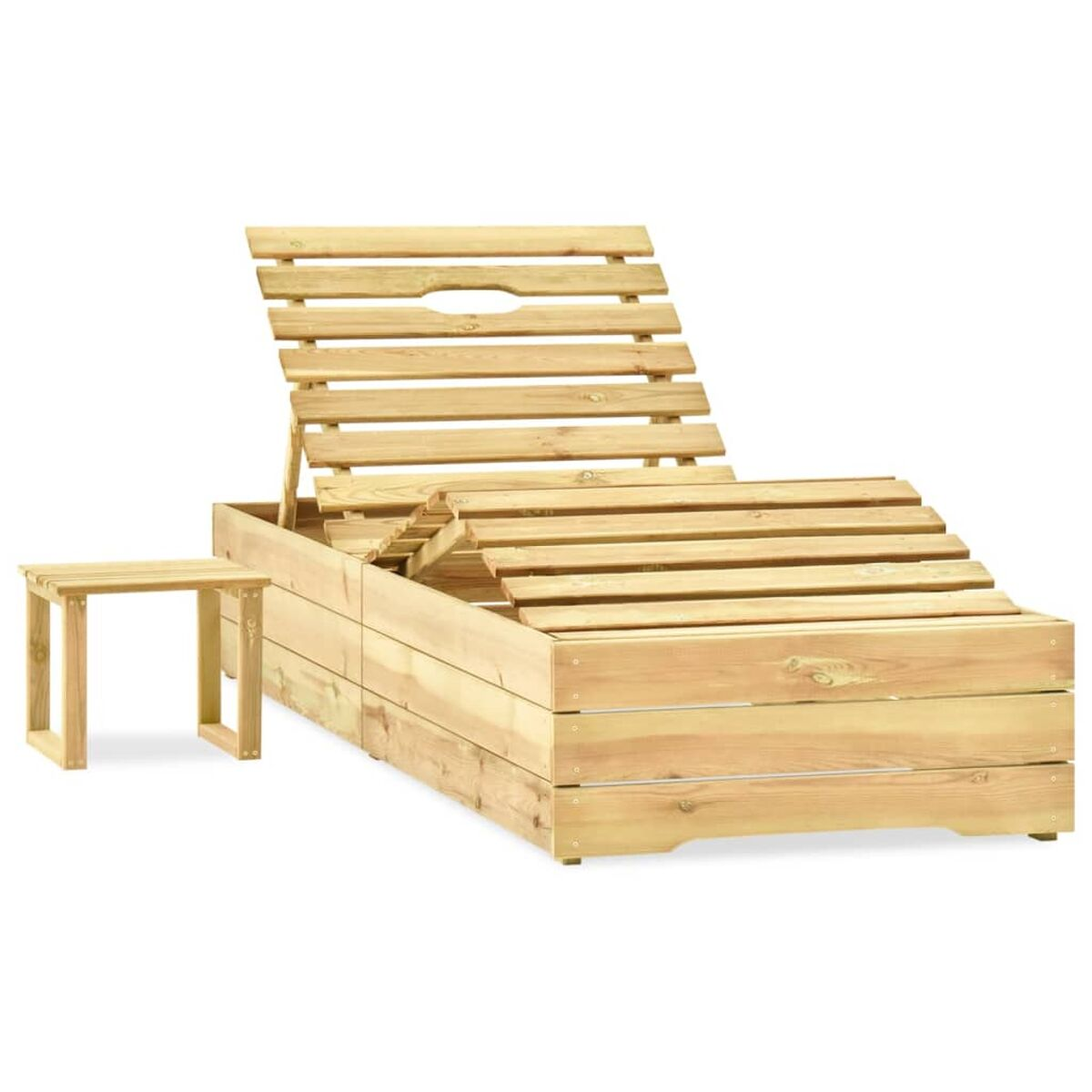 Chaiselongue aus Holz mit Beistelltisch.