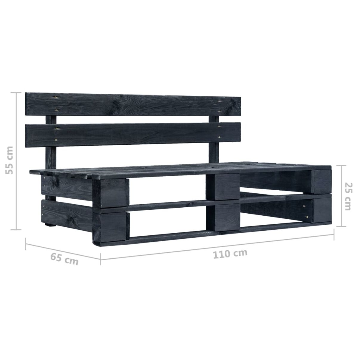 Schwarze Holzpalettenbank mit Maßen. Misst 110 cm lang, 65 cm breit und 55 cm hoch.