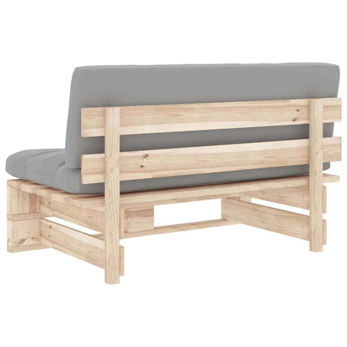 Holzsofa mit grauen Kissen, von hinten gesehen, auf weißem Hintergrund.