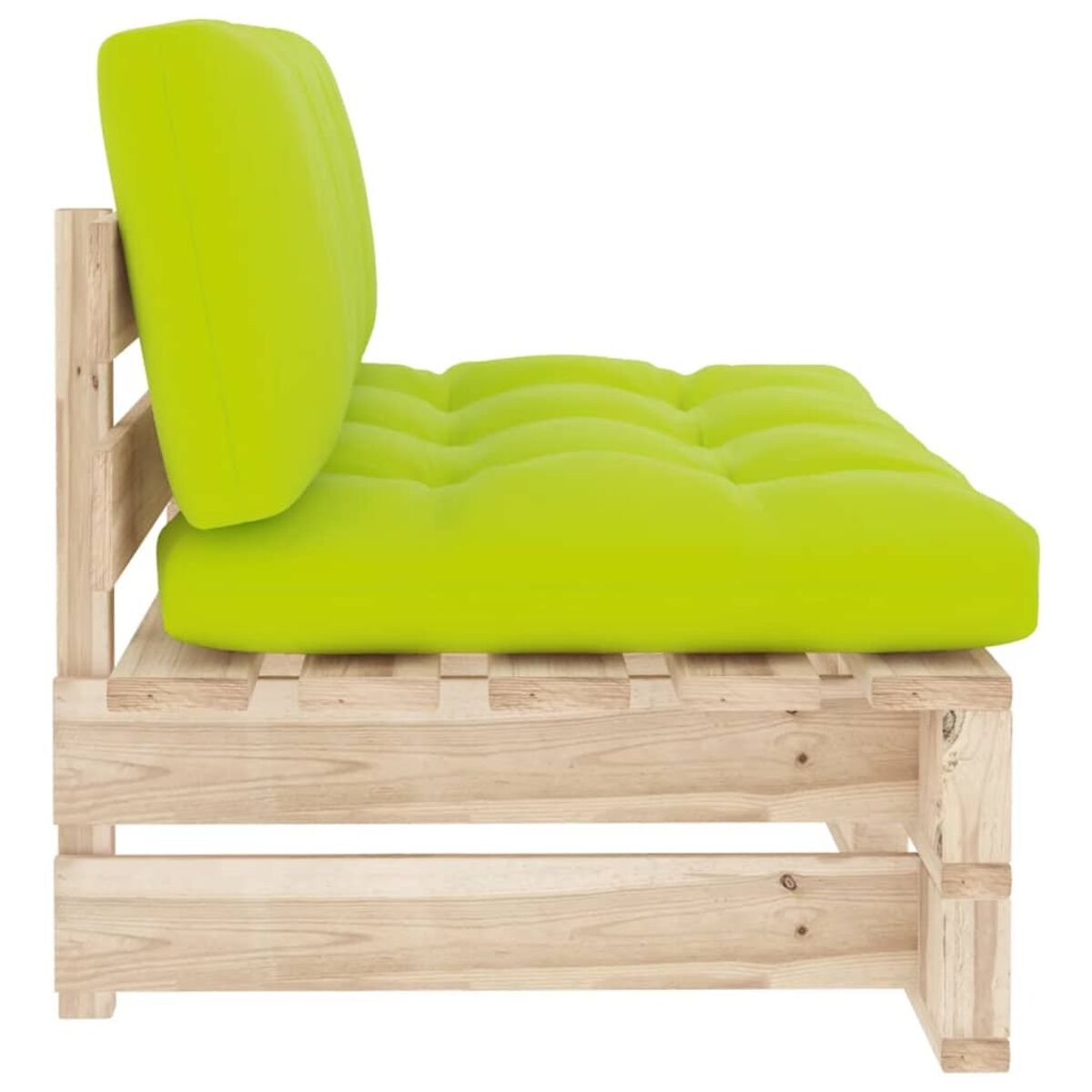 Seitenansicht eines hellen Holzsofas mit einem limettengrünen Kissen und Rückenlehne. Weißer Hintergrund.