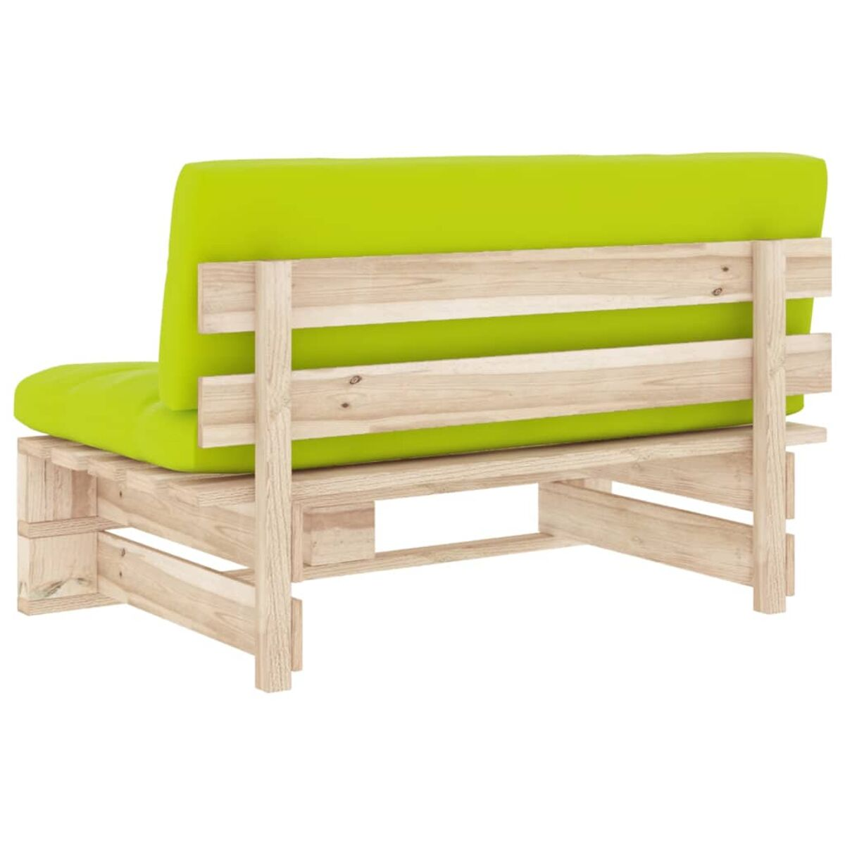 Ein Holzpalettensofa mit grünem Kissen auf Rücken und Sitz, von hinten gesehen.